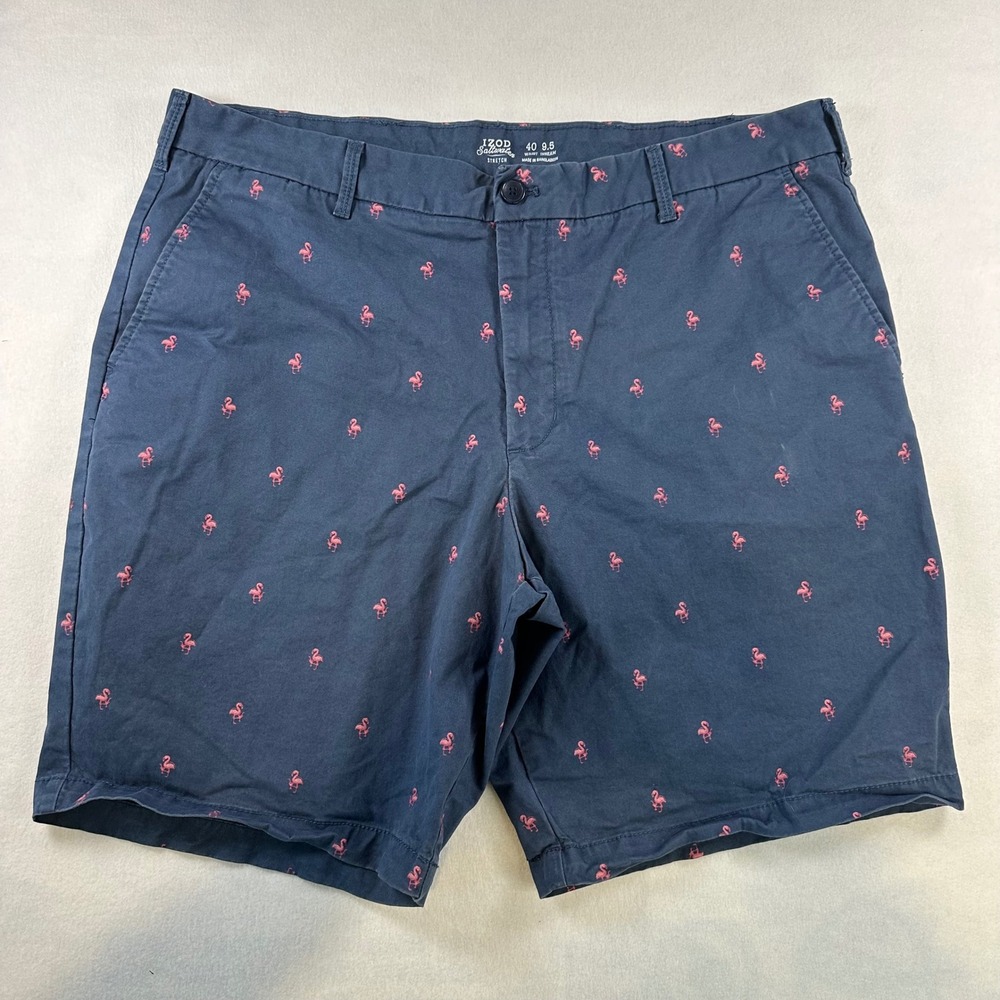 IZOD Saltwater Stretch Flamingo Shorts Men 40 Navy Blue Pink Tropical 45PH140410